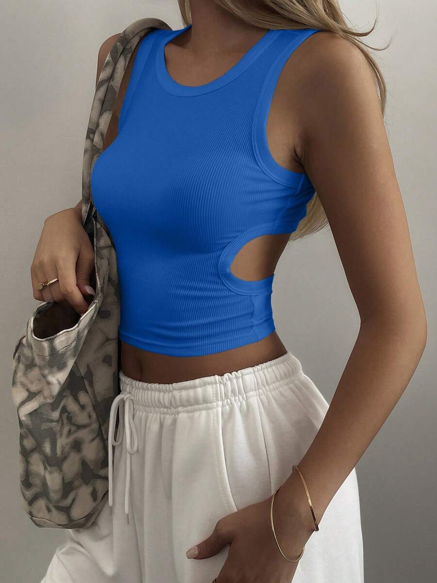 Women's Summer Round Neck Backless Hollow Design Fitted Cropped Casual Sexy Camisole Top Y2k - Royal Blue - View 1