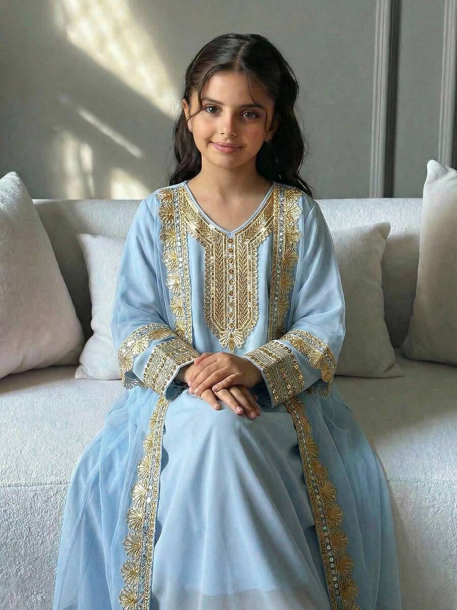 SHEIN 少女金色丝带撞色网纱开衫和V领连衣裙两件套 - 霧霾藍 - 查看 1