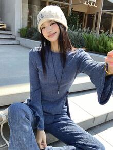 DAZY 女士纯色圆领长袖上衣，侧开衩下摆搭配喇叭裤两件套家居服套装 - 藍色 - 查看 6