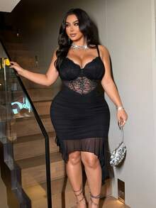 NU&NOW Vestido de punto casual y elegante con encaje negro sexy y calado elástico para mujer de talla grande, pieza versátil para capas - Negro - Ver 5