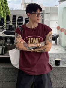 DAZY Áo tank top nam mùa hè in chữ, cổ tròn, dáng rộng, thoải mái - Màu Đỏ Sâu - Xem 8
