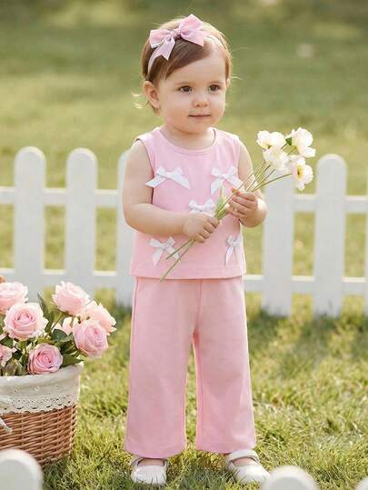 Souflis Souflis 2pcs/Set Newborn-3Y Girls' Fashion Cute 3D Bow Decor Sleeveless Top And 3/4 Pants Set, Versatile For Daily Wear And Vacation, Spring/Summer
