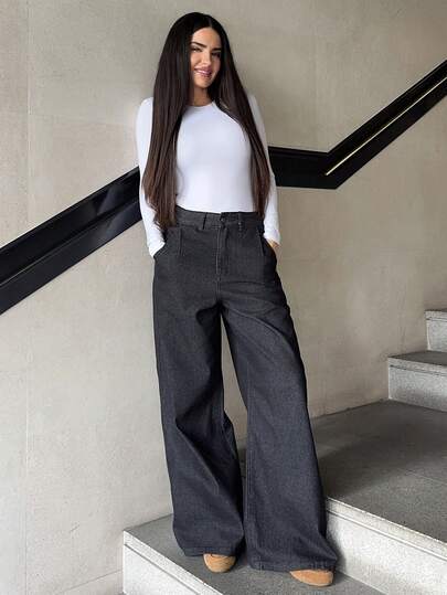 Marta Soriano Solid Color Loose Wide Leg Pants With Pockets, Casual Vintage Style Women's Jeans For Summer