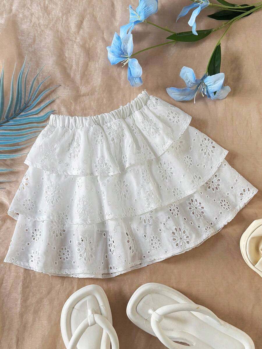 SHEIN Tween Girls Jacquard Weave White Princess Cute & Sweet Skirt - White - View 1