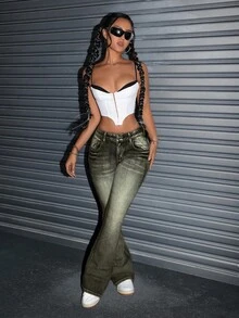 SHEIN EZwear 大码女式弹力水洗喇叭牛仔裤，优雅牛仔裤 - 黑色 - 查看 3