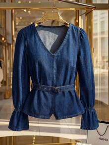 GlowEve Women's V-Neck Ruched Casual Versatile Daily Wear Long Sleeve Denim Blouse - Blue - View 3