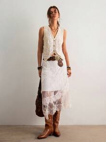 Freevana Women's Embroidered Mesh V-Neck Single-Breasted Casual Versatile Daily Wear Knit Vest Top - Maroon - View 4