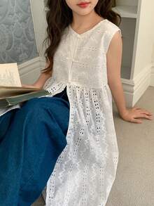 DAZY Tween Girls' Summer Casual Solid Color Hollow Out Embroidery Sleeveless Blouse Vacation - White - View 1