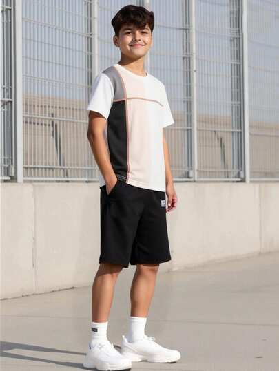 SHEIN Vacaura 2pcs Tween Boy Crew Neck Color Block Short Sleeve T-Shirt And Shorts Casual Daily Outfit