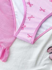 SHEIN Teen Girl Striped Bow Print Camisole Romper With Mini Skirt, Suitable For Swimming, Vacation, Summer Beach Wear - Pink - View 5