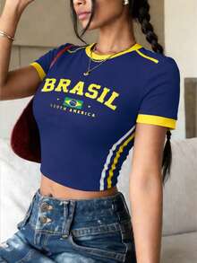 DrmWander Y2K Brazil Top, Crop Top, Brasil Tee, 2000s Aesthetic,Brazil Women's Fitted T-Shirt - Navy Blue - View 3