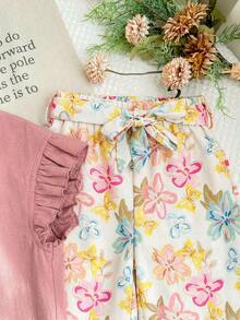 LMoss Kids Bộ đồ 2 món LMoss dành cho bé gái: Áo dệt kim màu trơn cổ bèo nhún và quần ống rộng dệt họa tiết hoa nhí. - Màu Hồng baby - Xem 3