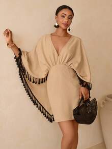 Vesra Vestido poncho con cuello en V profundo y mangas de murciélago con flecos para mujer - Albaricoque - Ver 1