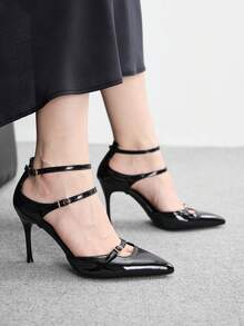 CUCCOO BIZCHIC Black Patent Leather Pointed Toe Slingback Pumps With Buckle Closure, Hollow Out Stiletto Heels, Elegant & Sexy Women Shoes - Black - View 6