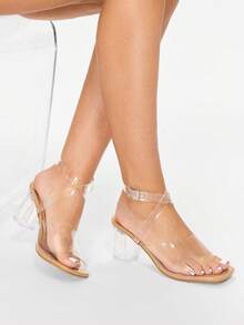 Glitzique Summer New Transparent Women's Sandals Influencer Strap Chic Chunky Heel Crystal Slippers Sexy Outdoor Fashion High Heel Peep Toe Slides - Apricot - View 5