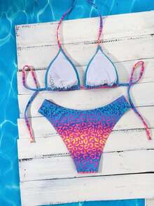 Swim Mod Bộ bikini hai mảnh cổ yếm, cạp cao, họa tiết da báo ngẫu nhiên, nhiều màu sắc huỳnh quang, dành cho nữ, thích hợp cho mùa Xuân/Hè 2026. - Nhiều màu - Xem 2