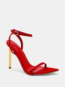 Glitzique Spring/Summer Women's Fashion Red Satin Ankle-Strap Pointed-Toe Gold Buckle Formal High Heel Sandals,Stilletos Heels Spring Shoes Summer Shoes - Red - View 4