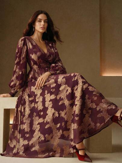 Anewsta Women's Spring French Style V-Neck Cinched Waist Long Red Dress With Foil Print, Elegant