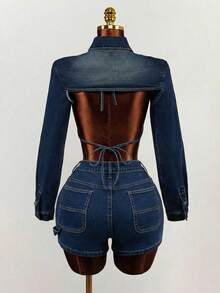 Mistrie Women's Casual Fashion Versatile Denim Shorts With Eyelet Design - Blue - View 2