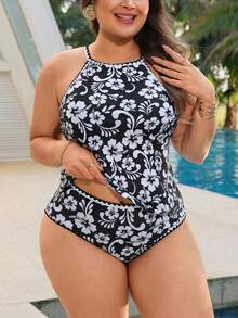 Swim Lushoire Plus Size Women Summer Beach Floral Print Tankini Top And Triangle Tankini Bottom Swimwear Set - Black and White - View 1