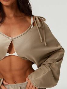 Denimoi 露肩纽扣前开襟短款轻薄卫衣，日常穿着，适合普拉提运动，性感上衣 - 杏色 - 查看 2