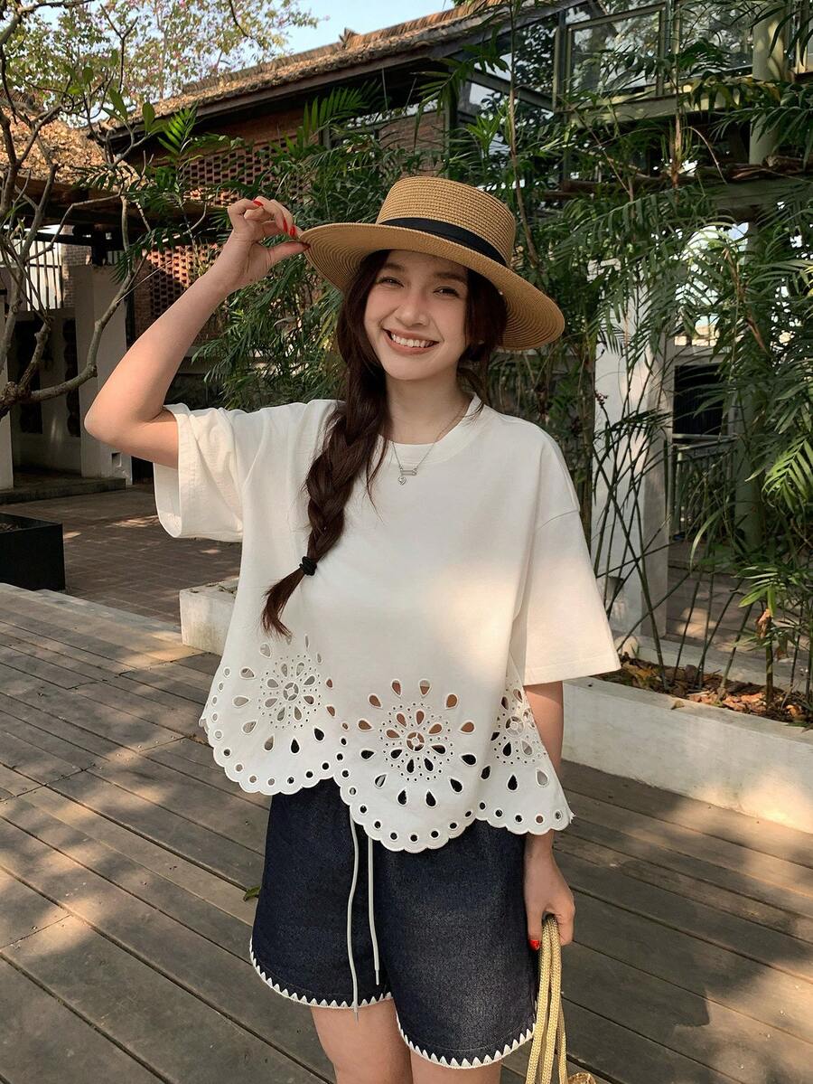 DAZY 女士圆领度假风韩版清新夏季T恤 - 白色 - 查看 1
