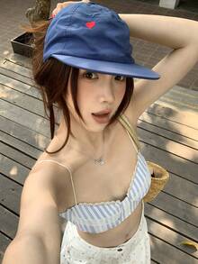 DAZY Atasan Camisole Halter Bergaris Esensial untuk Pantai Musim Panas Wanita - Biru - View 10