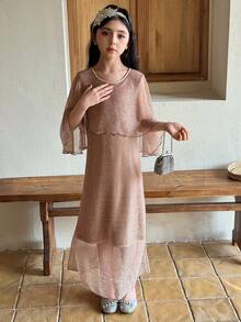 Dazy Kids 少女优雅派对长裙配披肩 - 杏色 - 查看 4