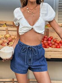 Selianne 女士夏季休闲牛仔短裤 - 藍色 - 查看 6