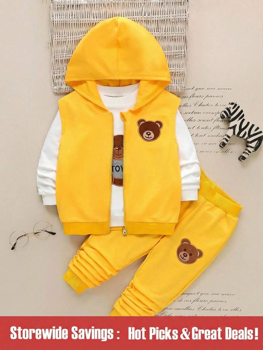 SHEIN 男小童小熊刺繡連帽衫&拉鏈開襟連帽夾克和運動褲 - 黃色 - 查看 1
