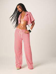 MISSGUIDED Crop Fit Women's Striped Crochet Bikini Set With Cover Up Shirt And Wide Leg Pants Summer Beach Vacation Swimwear - Multicolor - View 6