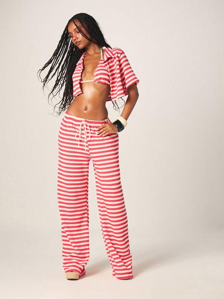 MISSGUIDED Crop Fit Women's Striped Crochet Bikini Set With Cover Up Shirt And Wide Leg Pants Summer Beach Vacation Swimwear