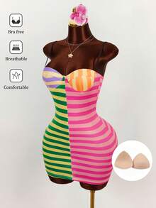Amplova 2026 New Arrival Colorful Striped Low-Cut Bustier Mini Dress For Women - Multicolor - View 1