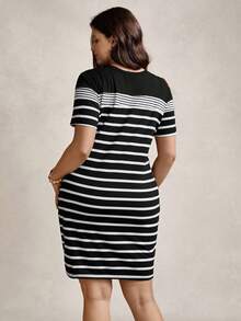 Zelara Plus Size Round Neck Striped & Printed Casual Summer Short Sleeve Dress - Black - View 2