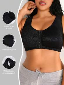1 pièce Soutien-gorge sans armature à dos nageur, couleur unie, avec fermeture devant, rembourrage amovible et couverture complète, doux et respirant, pour femmes de grande taille NudeFit - Noir - Voir 3
