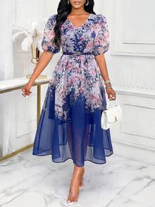 SHEIN Lady 女士印花V领花瓣袖连衣裙，优雅假日风 - 藍色 - 查看 1