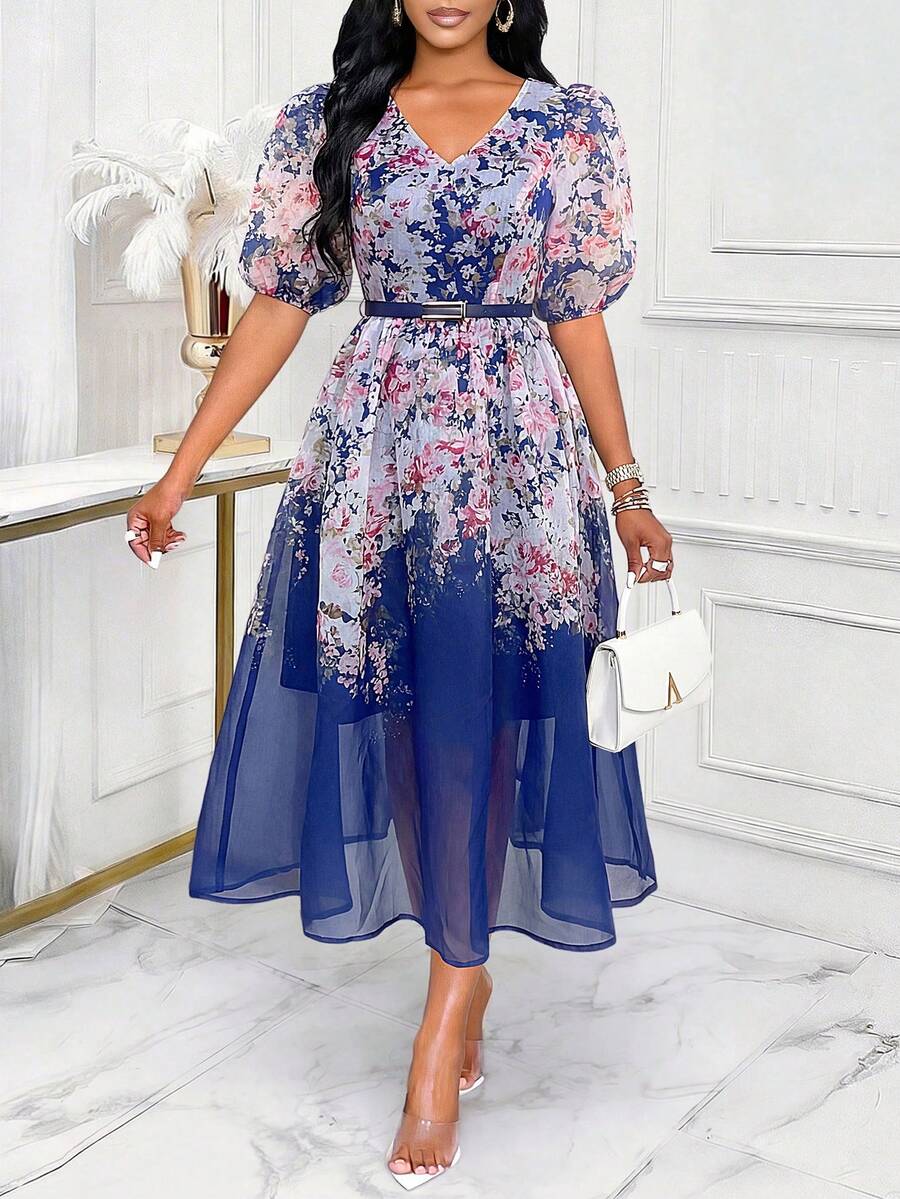 SHEIN Lady 女士印花V领花瓣袖连衣裙，优雅假日风 - 藍色 - 查看 1