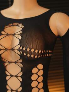 ChaseTheNight 神秘魅力！黑色镂空交叉薄纱睡裙，长袖设计+全身露肤剪裁，适合私密场合。 - 黑色 - 查看 8