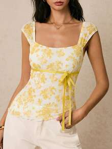 Poéselle 女士休闲印花不对称下摆方领吊带背心，夏季 - 黃色 - 查看 7