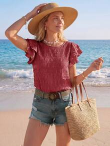 EMERY ROSE Women Summer Solid Color Round Neck Short Flounce Sleeve Loose Pleated Blouse - Pink - View 4