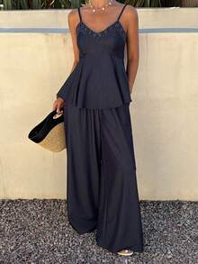 DAZY Women's Casual Lace Patchwork Ruffle Strap Wide Leg Pants 2 Pieces Set, Spring/Summer - Navy Blue - View 6