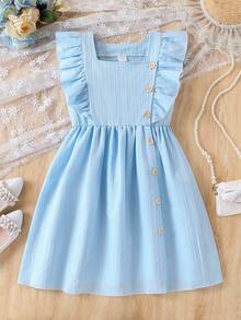女童蓝色荷叶边方领梭织连衣裙 - 藍色 - 查看 5