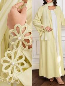 Al Najma Women's Floral Hollow Design Long Sleeve Elegant Abaya - Yellow - View 9