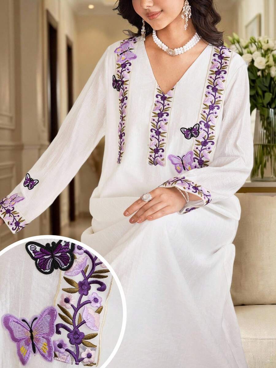 Yasmyna Đầm nữ cổ chữ V thêu hoa và bướm, dáng rộng thoải mái, kiểu Ả Rập, thích hợp cho tiệc tùng và đi chơi. - trắng - Xem 1