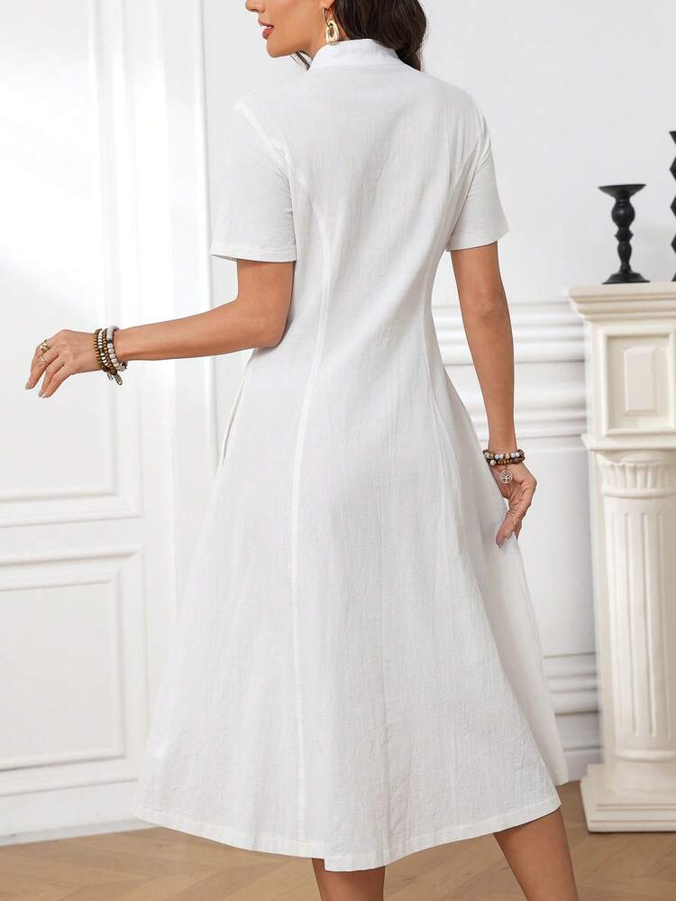 Women's Casual Solid Color Button Front Mid-Length Dress Classic Dresses For Ladies White Dress Button-Front Dress V-Neck Midi Dress Cotton Dress,Summer Outfit For Women,Work Outfits For Women