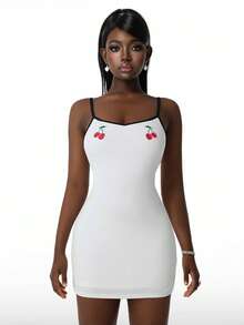 Amplova 女士吊带连衣裙，舒适针织面料，樱花刺绣，侧开衩修身裙摆，适合浪漫居家穿着。 - 白色 - 查看 10