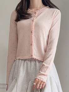 FRIFUL Áo khoác cardigan nữ màu hồng trơn, viền bèo nhún, dáng rộng, thoải mái - Màu be - Xem 2