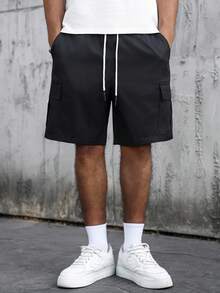SLATEMANN Pantalones cortos de cargo para hombre de cintura elástica con cordón y bolsillo, unicolor - Negro - Ver 5