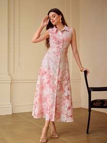 ZEYLAH Elegant Fitted Waist A-Line Jacquard Fabric Dress, Spring/Summer - Pink - View 6
