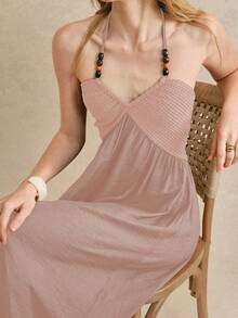 Écloséra Robe longue élégante de style rétro français en perles, tricotée et tissée, de couleur rouille, pour le printemps/été. Robe longue, robe d'été longue, robe de vacances, robe de plage longue pour femmes. Robe d'été femme à col ras-du-cou, robe de style bohème pour tenue de villégiature - Rose bonbon - Voir 4